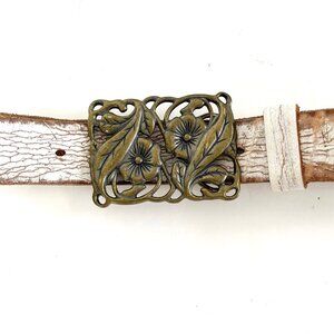 White Distressed Leather Belt with Boho Brass Floral Buckle by Goorin, Size M/L